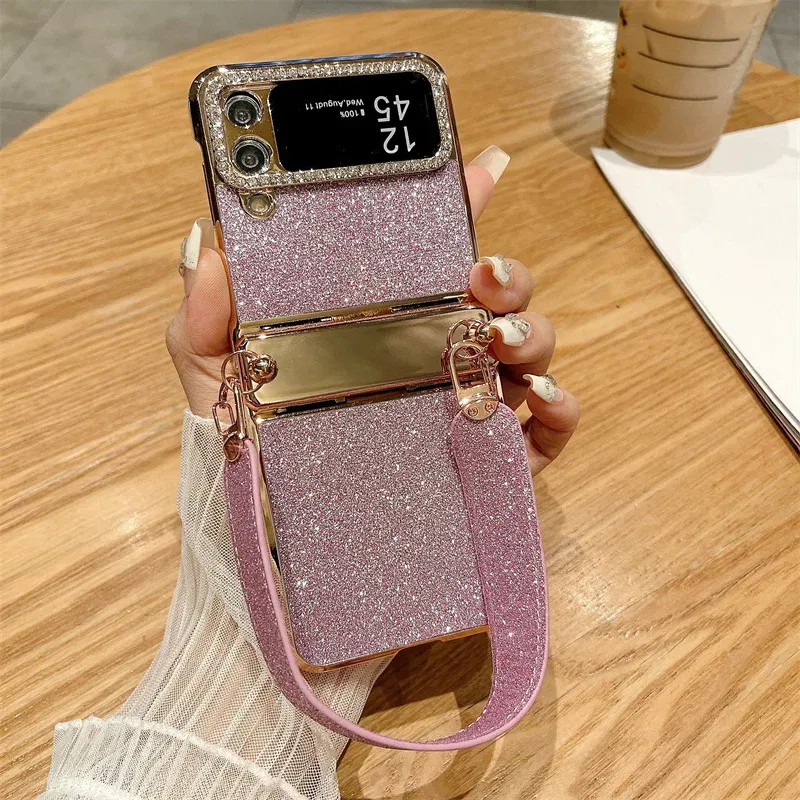 Color: black, Material: ABS - For Samsung Galaxy Z Flip 6 5 4 3 Case 3D Jewelled Diamond Luxury Gradient Bling Glitter Wrist Strap Holder Tote Bags Cover