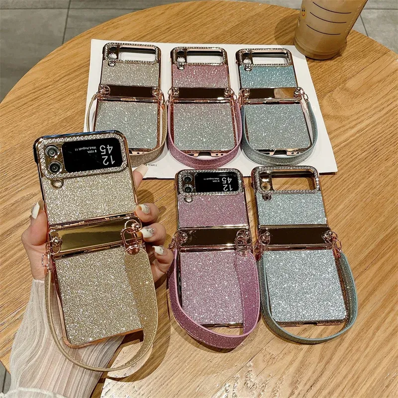 Color: black, Material: ABS - For Samsung Galaxy Z Flip 6 5 4 3 Case 3D Jewelled Diamond Luxury Gradient Bling Glitter Wrist Strap Holder Tote Bags Cover