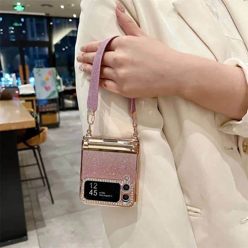 Color: black, Material: ABS - For Samsung Galaxy Z Flip 6 5 4 3 Case 3D Jewelled Diamond Luxury Gradient Bling Glitter Wrist Strap Holder Tote Bags Cover