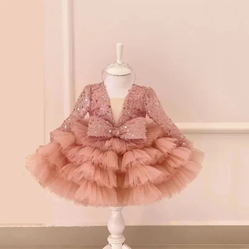 Kid Size: 6T, Color: Pink - 2-12 years old  sequin long-sleeved dress girl puffy dress girl lace birthday wedding flower girl bow performance dress