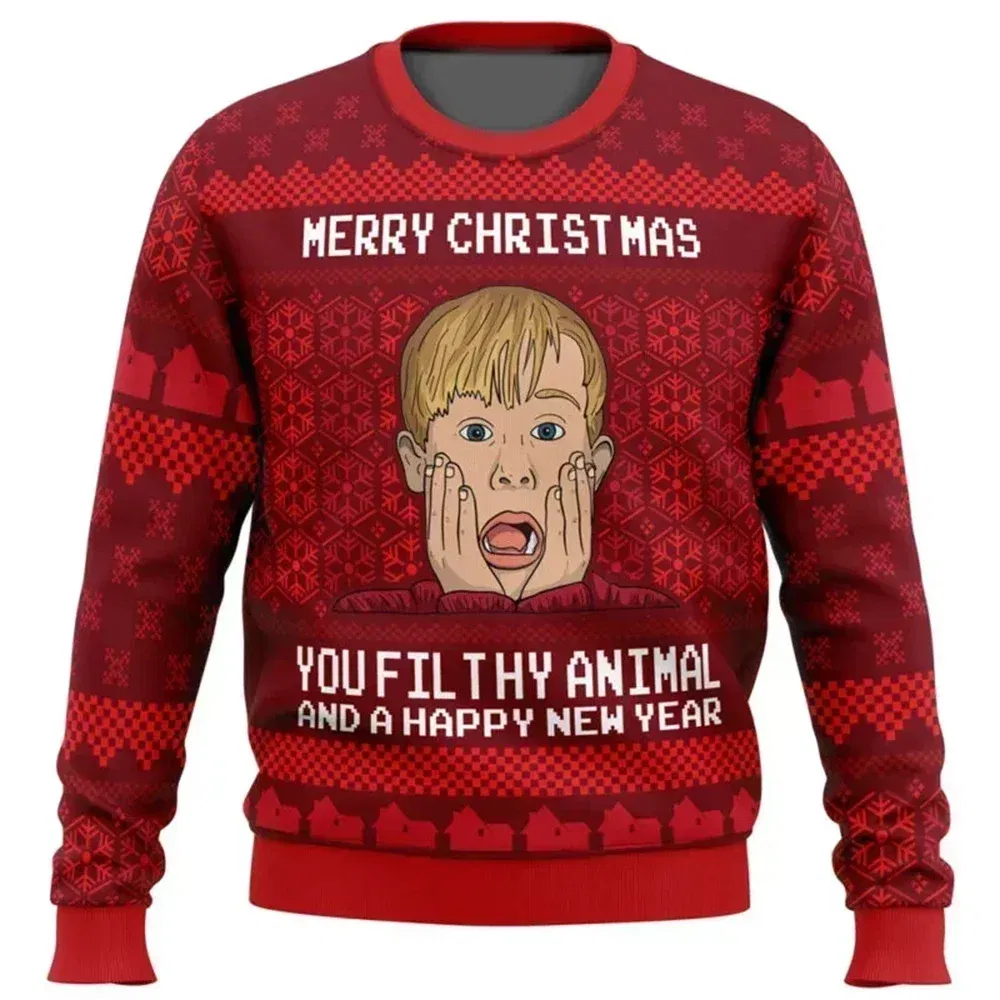 Color: Red, Size: XXXL - Home Alone Ugly Christmas Sweater Men Women Pullover Hot Sale Round Neck Long Sleeve Top Christmas Clothing 3D Funny Printed