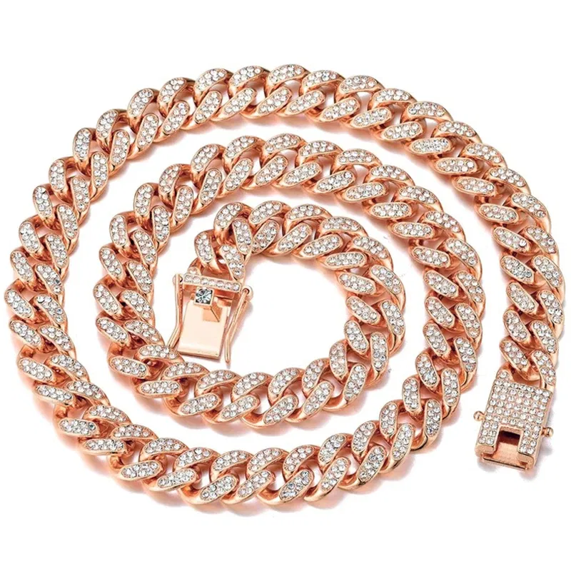 Metal Color: Rust Red, Length: 45cm - Men Women Hip hop Iced Out Bling Chain Necklace High quality 13mm width Miami Cuban Chain HipHop Necklaces Fashion Jewelry