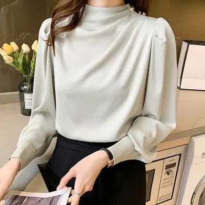 Color: green, Size: L, Ships From: CHINA - Spring Autumn Elegant Office Women Shirt Mujer Chic Satin Formal Lantern Sleeve Blouse Tops Loose Pullover Jumper Street Clothes