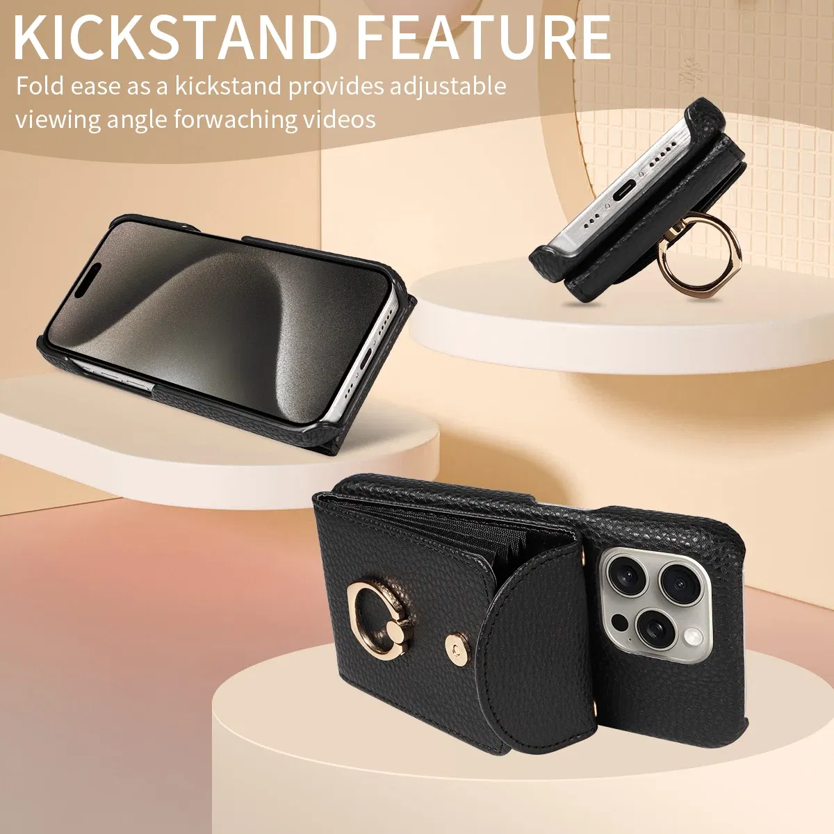 Color: black, Compatible-Phone Models: For iPhone 13, Bundle: Case & Strap, Material: Artificial Leather - High Quality Ring Stand Lychee Pattern Phone Case for IPhone16promax15 14 13 Crossbody with Lanyard PU Leather Anti-fall Cover