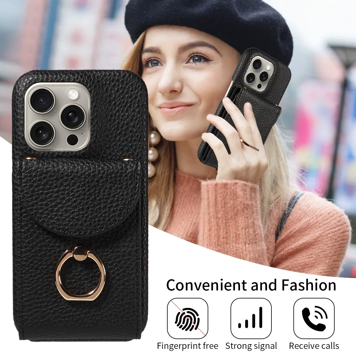 Color: black, Compatible-Phone Models: For iPhone 13, Bundle: Case & Strap, Material: Artificial Leather - High Quality Ring Stand Lychee Pattern Phone Case for IPhone16promax15 14 13 Crossbody with Lanyard PU Leather Anti-fall Cover