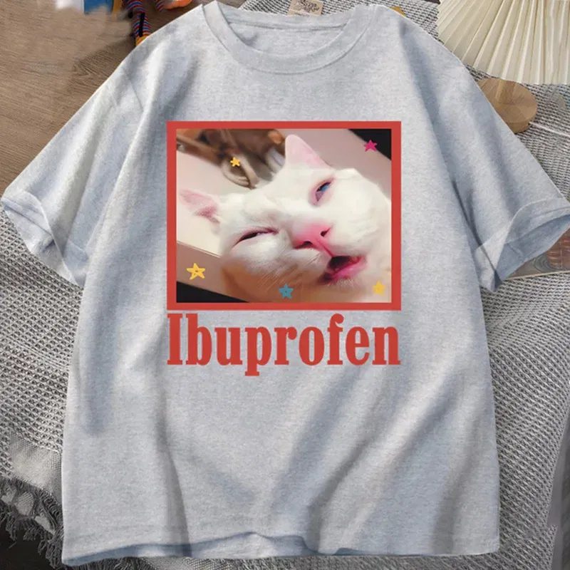 Color: GRAY, Size: XS?€old?‰ - Ibuprofen Cat Meme Tshirt Funny Cat Graphic Tee Cute Cat Lover Cotton T-Shirt Casual Funny T Shirts Unisex Oversized Tshirt Tee