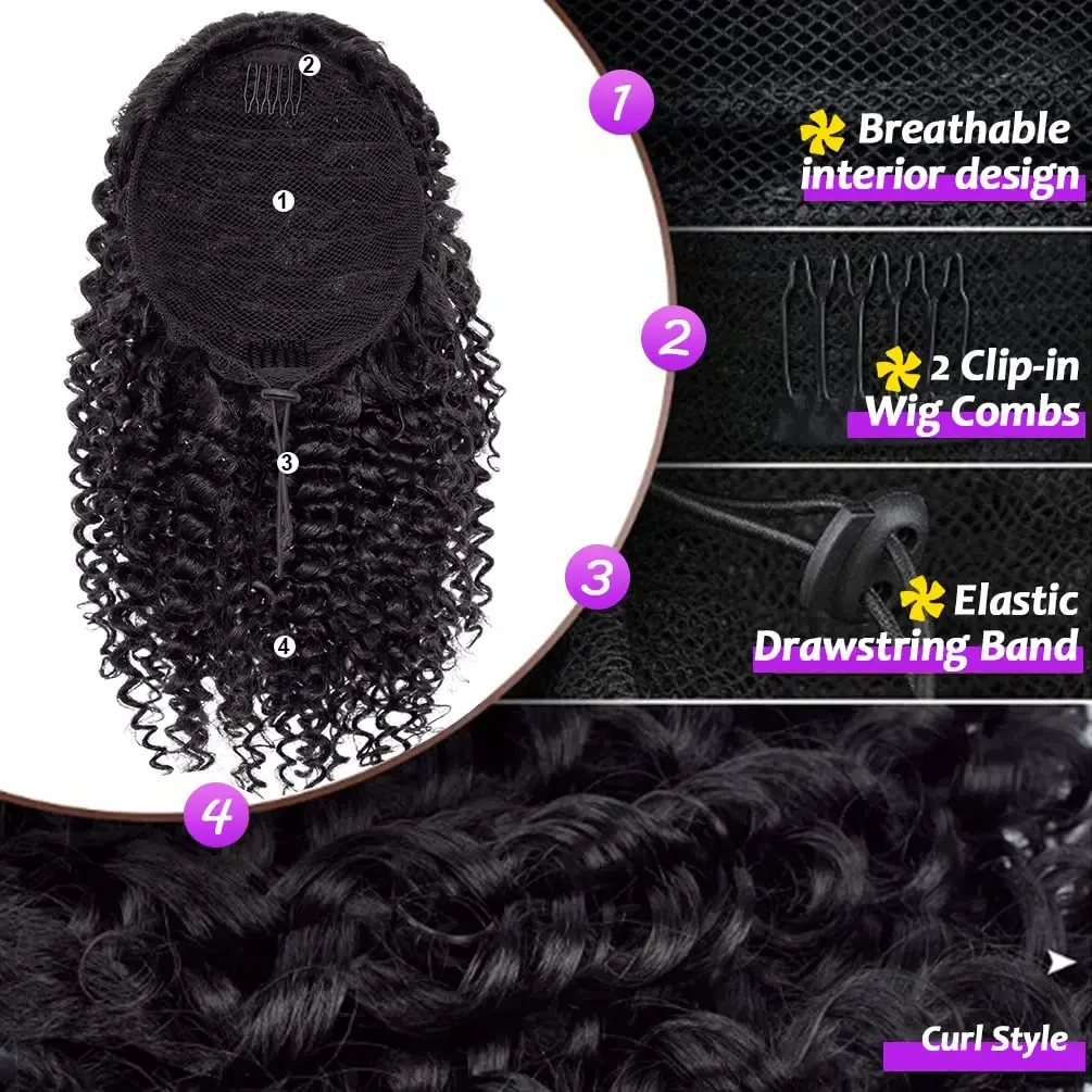 Color: #1B, Stretched Length: 20inches - Synthetic Short Afro Kinky Curly Ponytail Hair Piece for African American Ponytail Extension Afro Kinky Curly Ponytail for Women