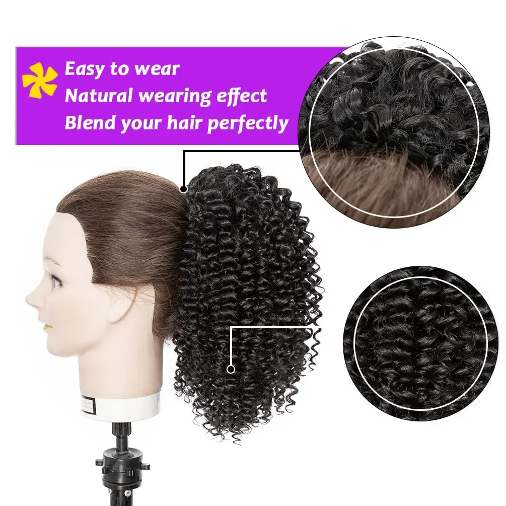Color: #1B, Stretched Length: 20inches - Synthetic Short Afro Kinky Curly Ponytail Hair Piece for African American Ponytail Extension Afro Kinky Curly Ponytail for Women