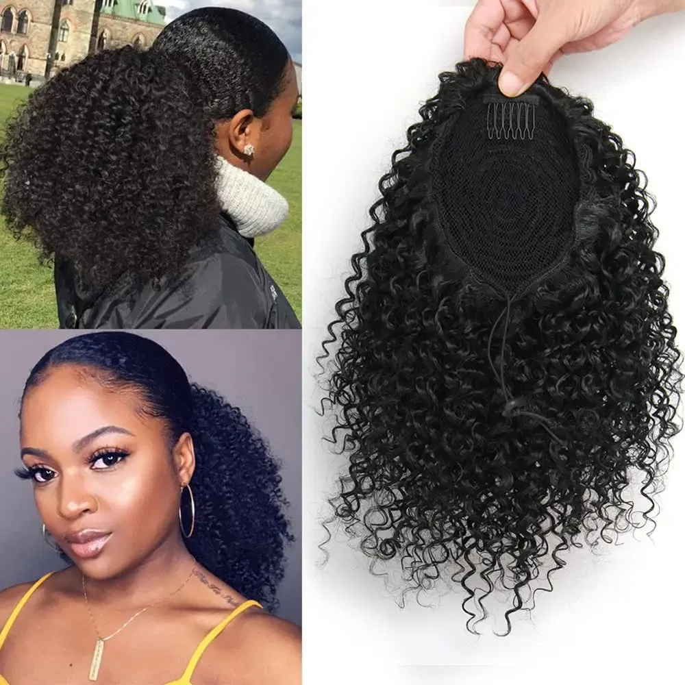 Color: #1B, Stretched Length: 20inches - Synthetic Short Afro Kinky Curly Ponytail Hair Piece for African American Ponytail Extension Afro Kinky Curly Ponytail for Women