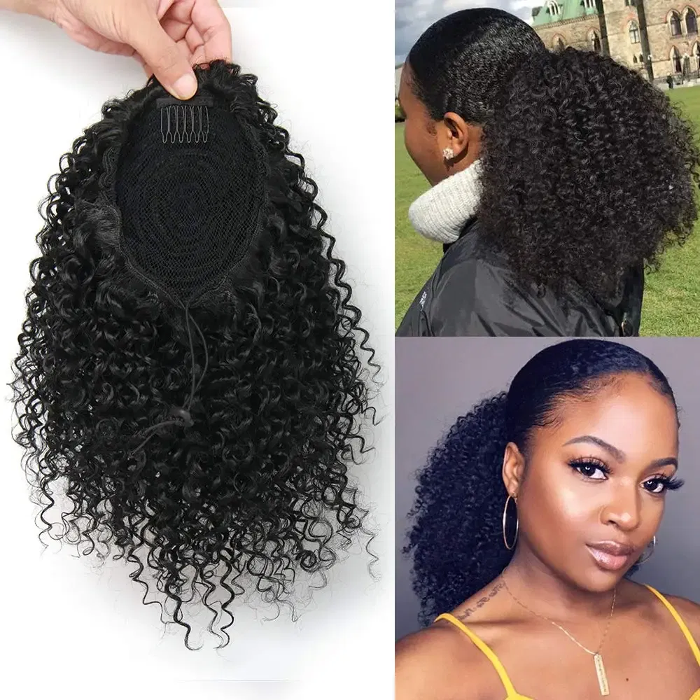 Color: #1B, Stretched Length: 20inches - Synthetic Short Afro Kinky Curly Ponytail Hair Piece for African American Ponytail Extension Afro Kinky Curly Ponytail for Women