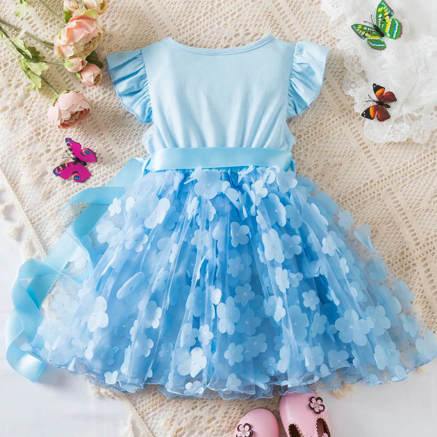 Color: SKY BLUE, Size: M - 3D Butterfly Cute Lilo Stitch Summer Dress for Kid's Casual Clothes Baby Girls Beautiful Princess Dress Party Dresses 2-6 Yrs
