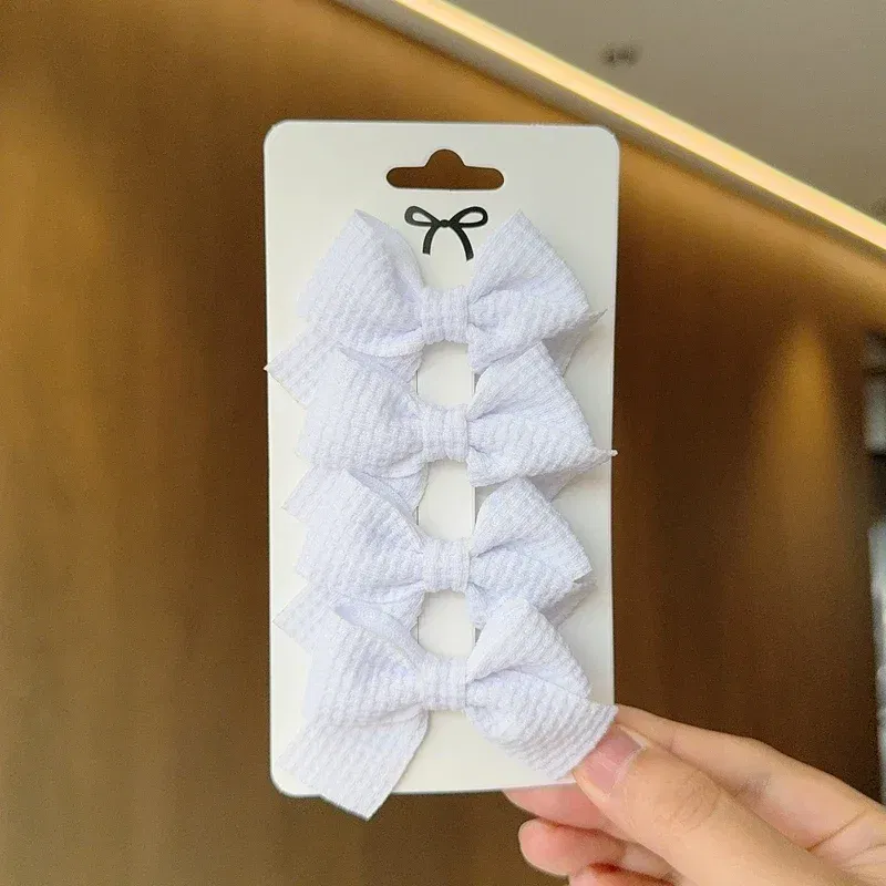 Color: Brown - 4PCS Soft Cotton Bow Hairpin Girl Sweet Plaid Design Hairpin Color Block Delicate Hairgripe Barrettes Kawaii Child Accessories