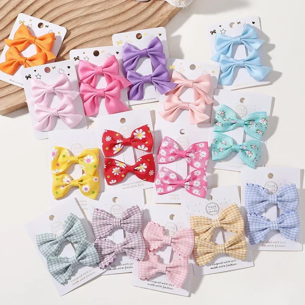 Color: LIGHT BLUE - 2Pcs/Set Solid Color Kids Bows Hair Clips for Baby Girls Handmade Plaid Bowknot Hairpin Barrettes Photograph Hair Accessories