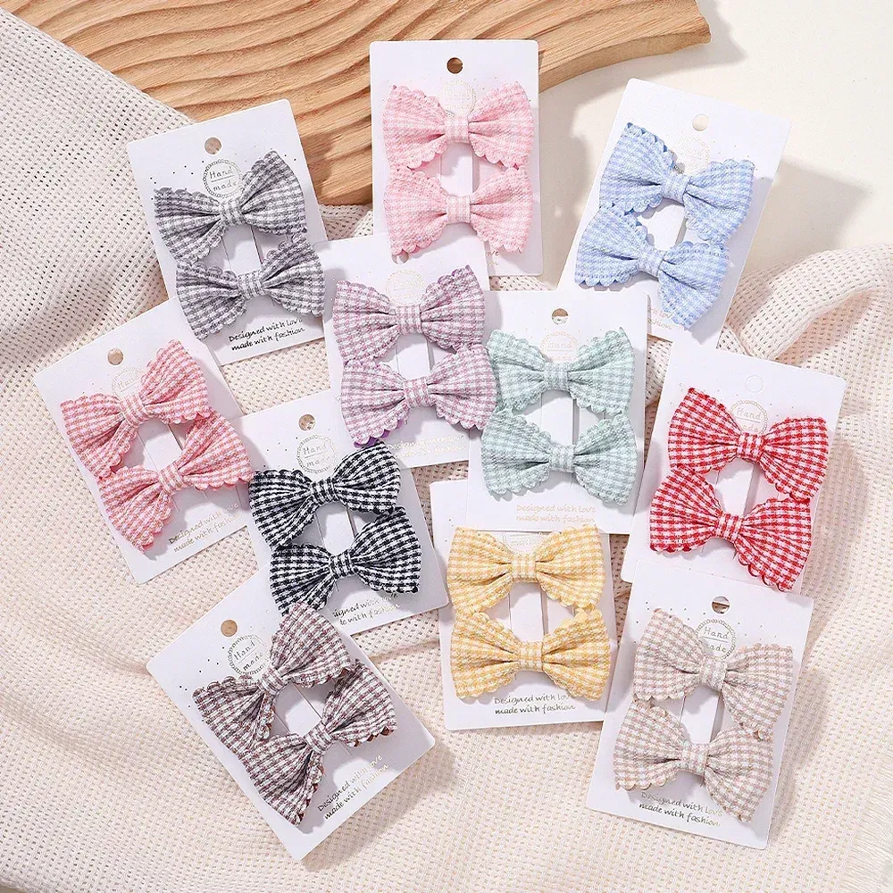 Color: LIGHT BLUE - 2Pcs/Set Solid Color Kids Bows Hair Clips for Baby Girls Handmade Plaid Bowknot Hairpin Barrettes Photograph Hair Accessories