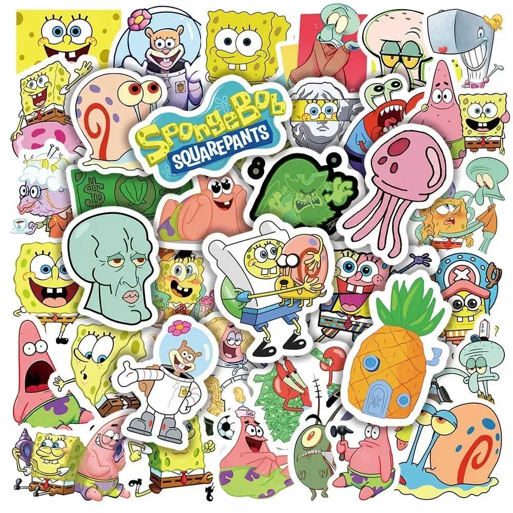 Color: Gold - 50pcs Variety of Cartoon and Anime Cute SpongeBob SquarePants Paistar Kids Waterproof Graffiti Stickers