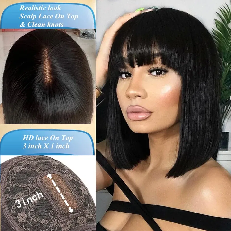 Stretched Length: 34inches, Hair Color: #270, Density: 120%, Ships From: CHINA - Wiggogo 3X1 Middle Part Lace Wig Bone Straight Human Hair Wig With Bangs Full Machine Made Straight Human Hair Wigs For Women