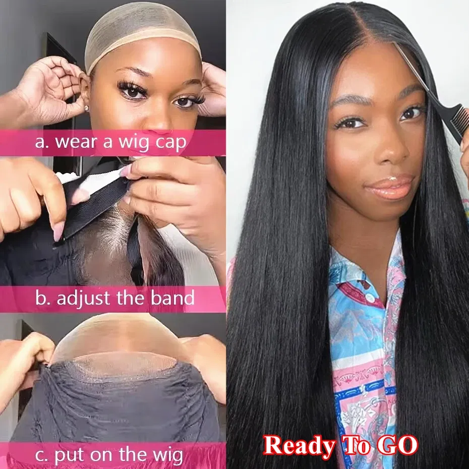 Hair Color: #1, Density: 200%, Ships From: CHINA, Stretched Length: 20inches - Glueless Wear and Go Bone Straight Lace Front Wigs 4x4 5x5 Pre-Cut Lace Wig Human Hair Ready To Wear Lace Closure Wig For Women