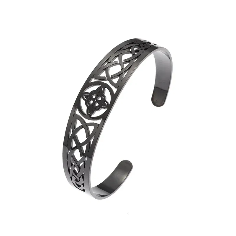 Metal color: Rhodium Plated - Witch Knot Cuff Stainless Steel Pagan Witchcraft Symbols Magic Knot Women\'s Good Luck Amulet Bracelet Celtic Knot Bracelet