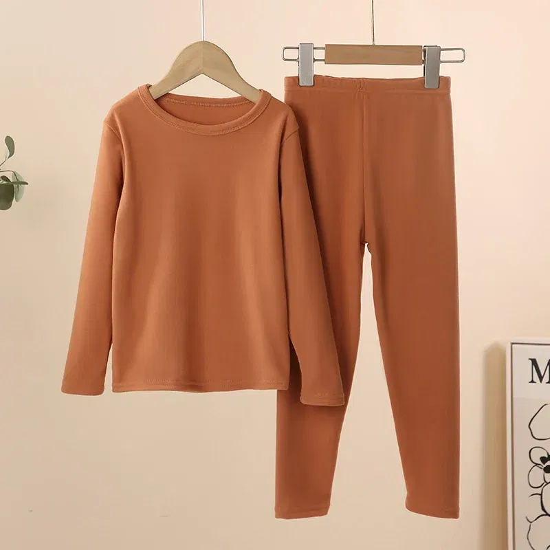 Color: Brown, Kid Size: 19 - 2-Piece Children's Thermal Underwear Suit boys' Autumn Clothes And Trousers Padded Cotton Sweater Girls' Casual Joker Home Cloth