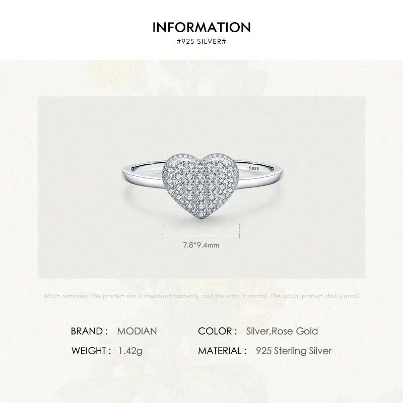 Gem Color: silver, Ring Size: 6 - MODIAN 925 Sterling Silver Delicate Romantic Love Heart Finger Ring Zirconia For Women Fine Jewelry Valentine Day Gift