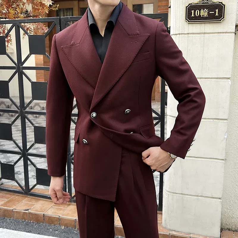 Color: Red, Size: L - 2Pieces Jackets+Pants Design High Quality Men's Set Elegant Fashion Double Breasted Thick Wedding Dress Blazers And Trousers Set