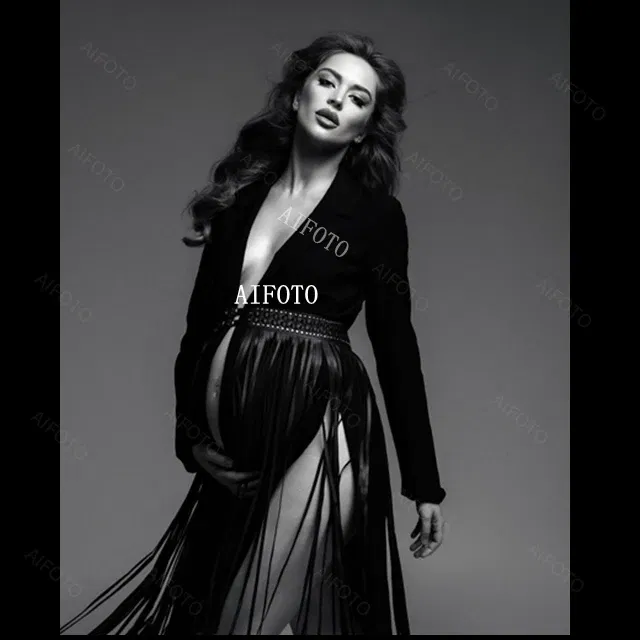 Color: black, Maternity Size: M - Black Women's Suit Pregnancy Photoshoot Clothes Chic Outerwear Long Tassel Buckle Waist Belt Blazer Maternity Photography Outfit