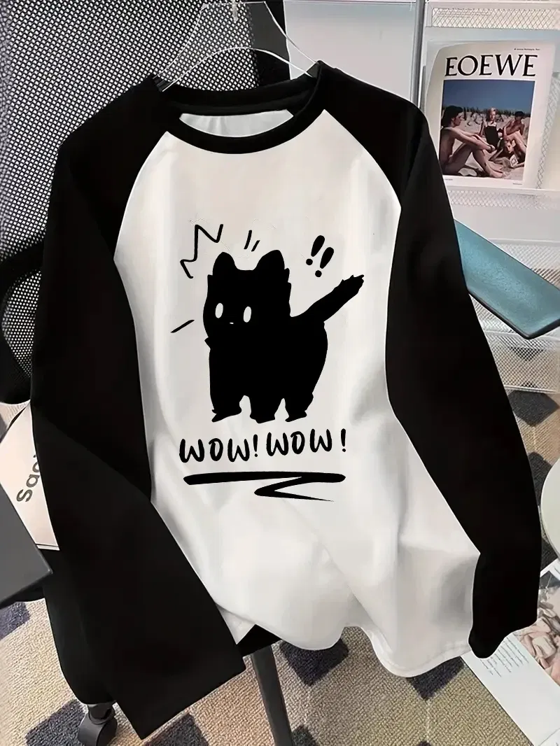 Color: Yellow, Size: S - Winter Autumn Long Sleeved Black Cat Design Shirt Funny T Shirt Women's Casual Long Sleeve T-Shirt Crew Neck Top Tee Tshirt