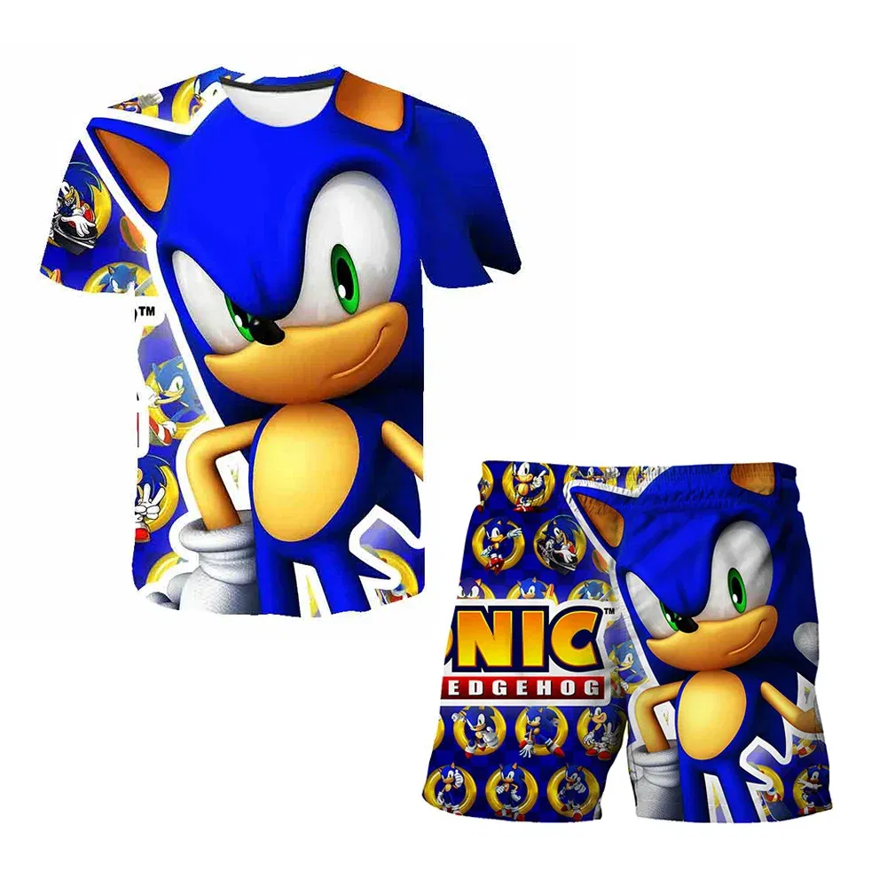 Color: Blue, Size: >40cm - New Japanese cartoon Sonic T-shirt children's top T-shirt shorts two-piece set summer boy cartoon cute T-shirt+beach pants