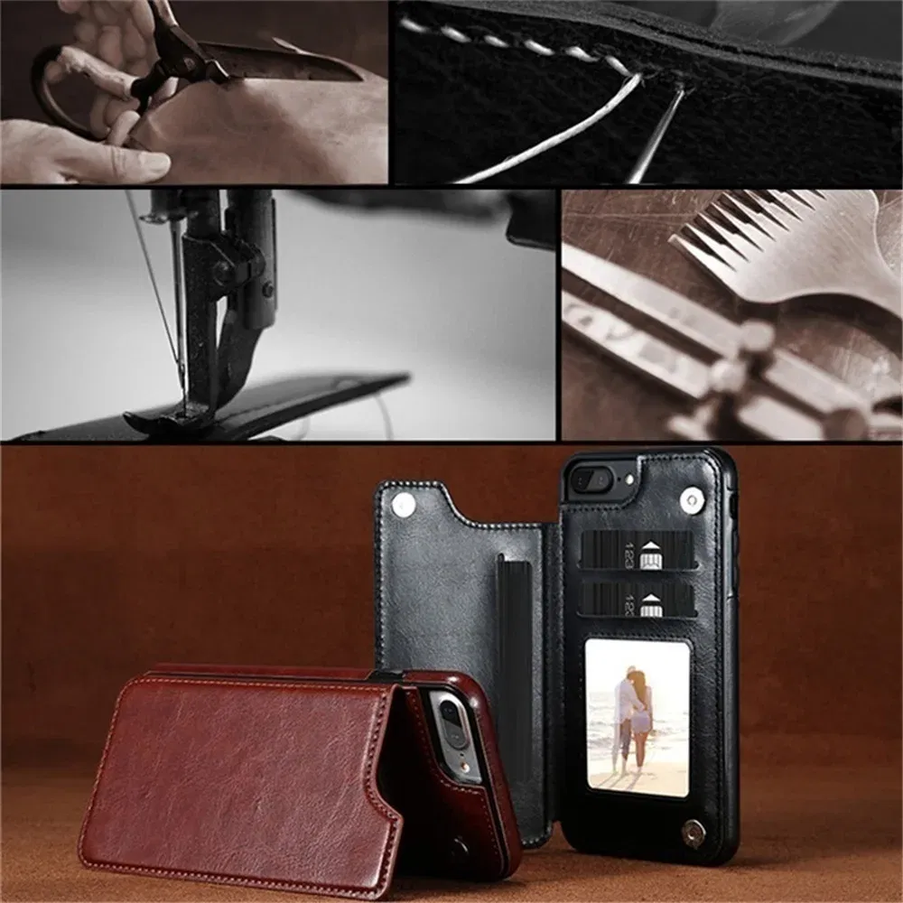 Material: PU, Color: Black - Leather Wallet Case for iPhone 15 14 13 12 11 Pro Max Mini Wallet Case XR X XS Max 8 7 6S 6 Plus SE 2022 2020 Card Holder Flip