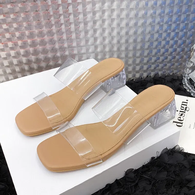 Color: Khaki, Shoe Size: 43 - Summer New Transparent Sexy Square Head Open Toe Outwear Women Large Comfortable High Heel Sandals and Slippers Single Shoe