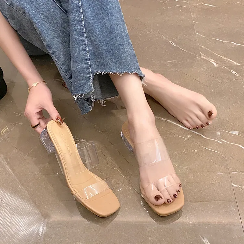 Color: Khaki, Shoe Size: 43 - Summer New Transparent Sexy Square Head Open Toe Outwear Women Large Comfortable High Heel Sandals and Slippers Single Shoe