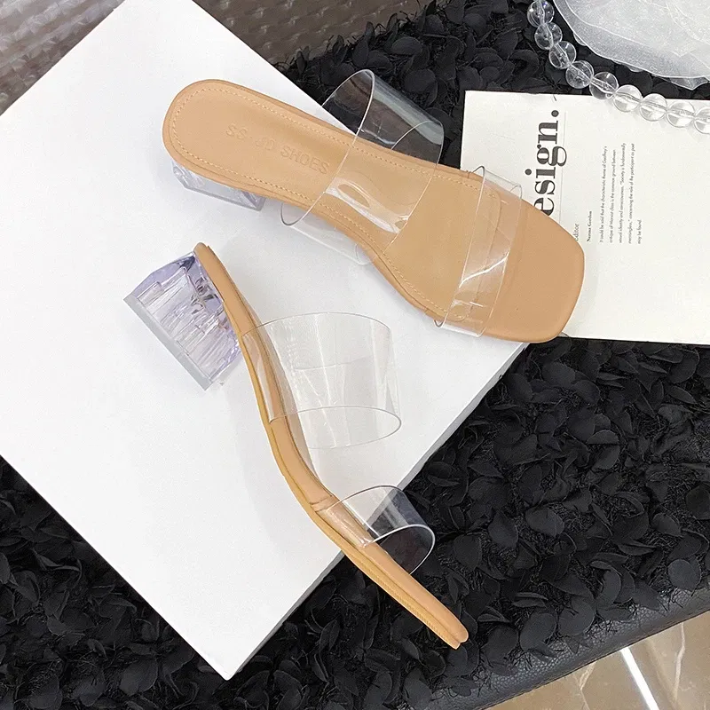 Color: Khaki, Shoe Size: 43 - Summer New Transparent Sexy Square Head Open Toe Outwear Women Large Comfortable High Heel Sandals and Slippers Single Shoe