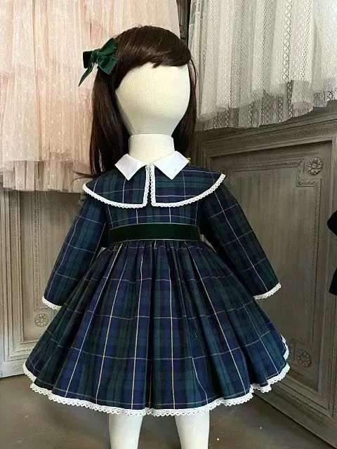 Color: Blue, Kid Size: 3T - 0-12Y Baby Girl Autumn Winter Green Plaid Vintage Spanish Princess Ball Gown Dress for Eid Causal Christmas C60