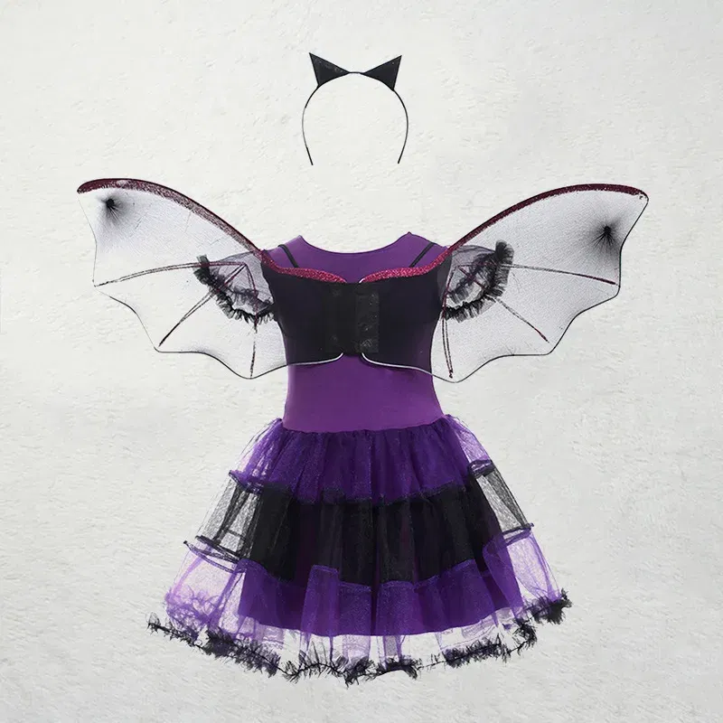 Kid Size: 9, Color: GRAY - Halloween Children Purple Vampire Costume Girls Dress Kids Clothes Baby Bat Spider Party Cosplay Headband +Wing Outfit