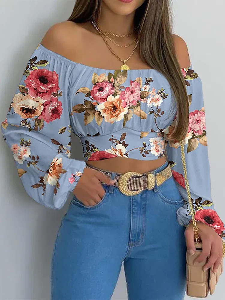 Color: Blue, Size: M - Women Sexy Off Shoulder Blouse Chic and Elegant Printing Lantern Long Sleeve Lace Up Bow Cropped Tops Casual Slim Shirts 2024