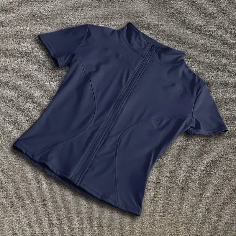 Color: DEEP BLUE, Size: M - Summer High Quality Waist Slimming Training Tops Women's Quick-drying Tight Stand Collar Full Zipper Short Sleeves Yoga shirts