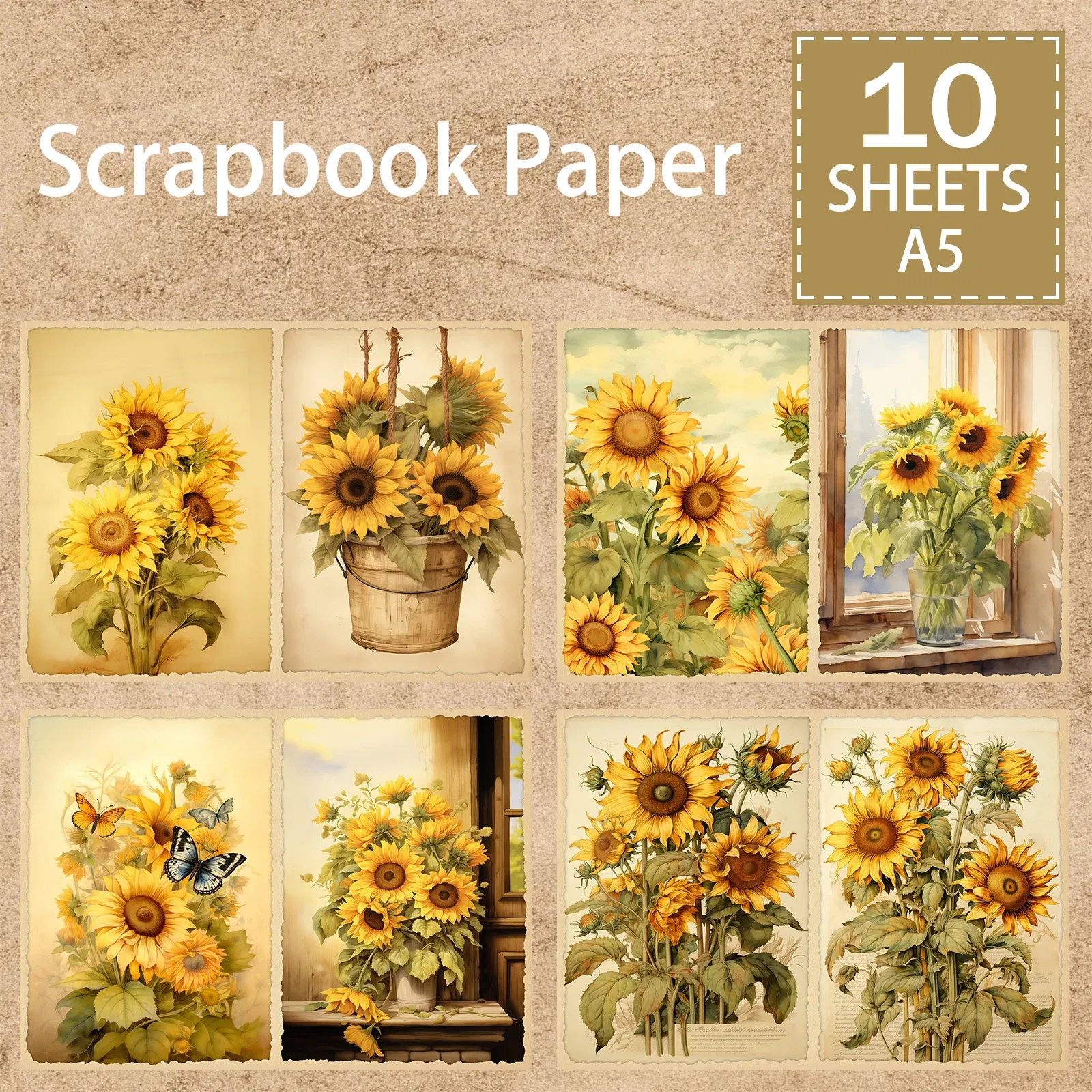 10 Sheets A5 Size Autumn Sunflower Sunset Background Vintage Grunge Journal Planning Scrapbooking