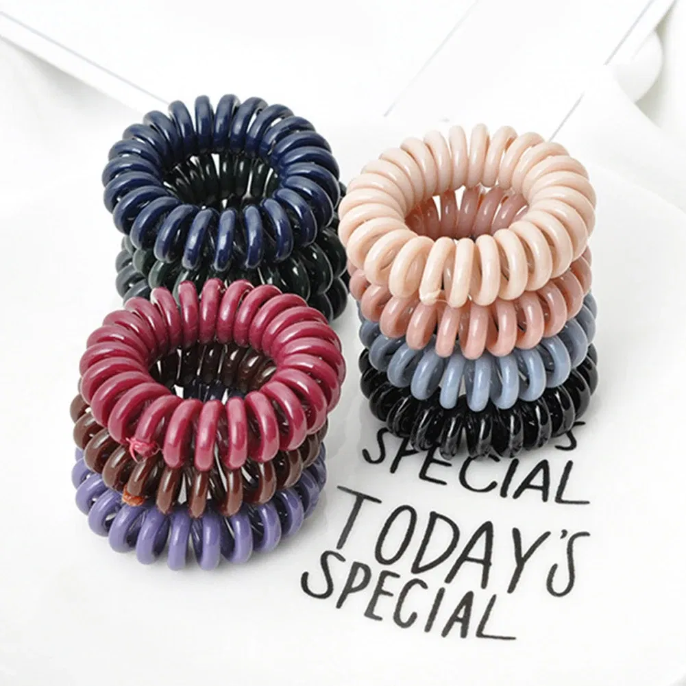 Color: GRAY - High Elasticity Telephone Coil Hairbands Women Spiral Hair Ties Girl Hair Ring Rope Solid Color Hair Accessories Ponytail Holder