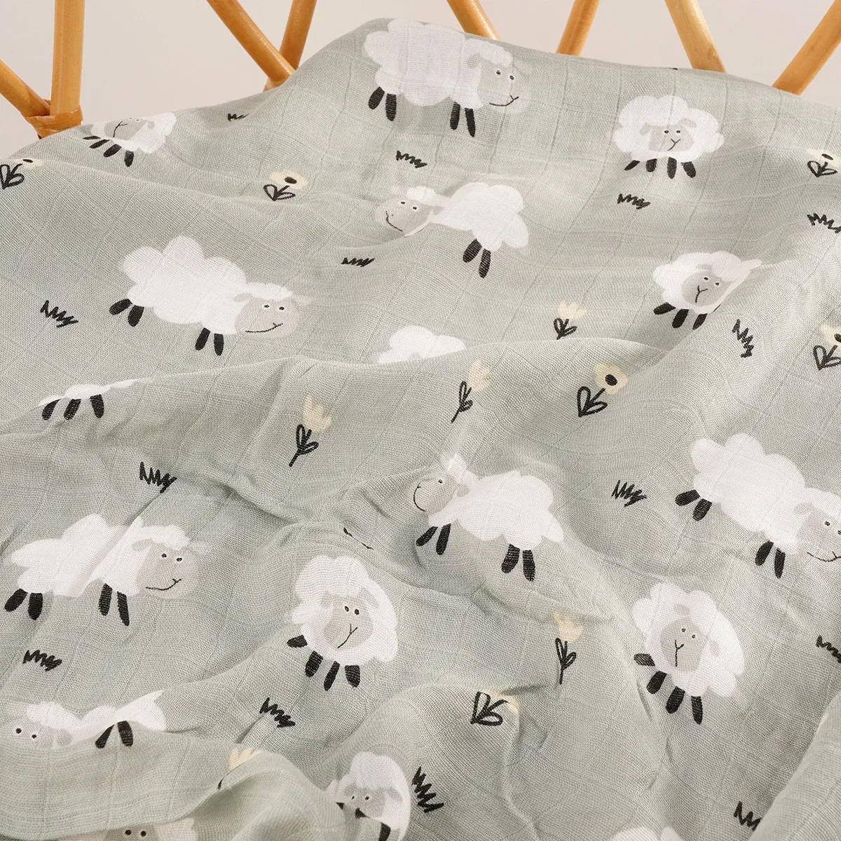 Color: WHITE, Size: Option 1 - Happyflute 120*110cm Soft Muslin Bamboo Cotton Baby Wrap Animal Pattern Travel Newborn Multi-function Swaddle Sleeping Blanket