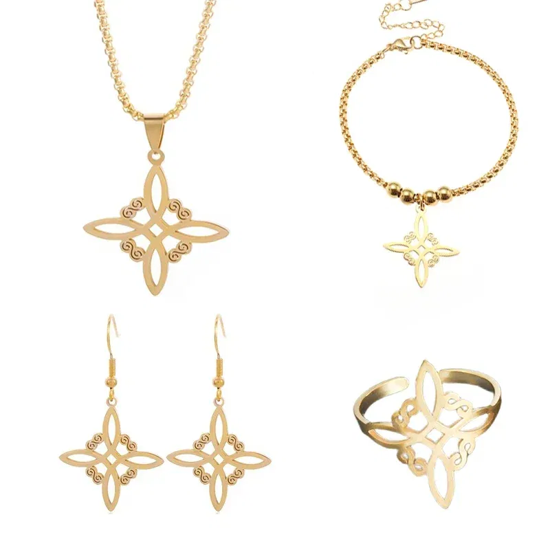 Metal color: Gold-color - Witch Knot Cuff Stainless Steel Pagan Witchcraft Symbols Magic Knot Women\'s Good Luck Amulet Bracelet Celtic Knot Bracelet