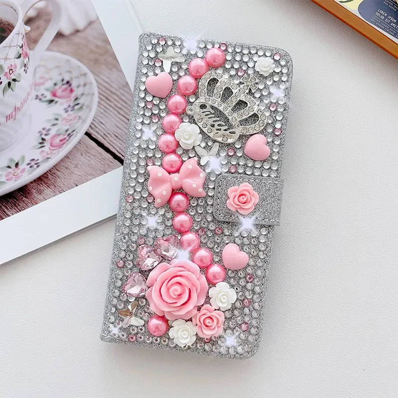 Color: Silver, Material: Acrylic - Wallet Glitter Case For Samsung Galaxy S24 FE S23 Ultra S22 Plus S21 S20 A13 A14 A15 A16 A53 A54 A55 A34 Flip Luxury Leather