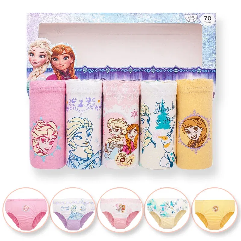 Color: Gold, Kid Size: 3T - 5 Pack Girls Cotton Briefs With Exquisite Box, Queen Elsa Kids Soft Girls Panties, Princess Cartoon Children's Underpants 2-14T