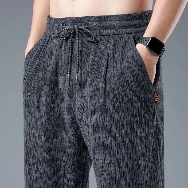 Color: black, Size: L - Summer Ice Silk Man Jogger Linen Pants Casual Wide Summer Sweatpants Male Spring Lightweight Halking Harem Trousers