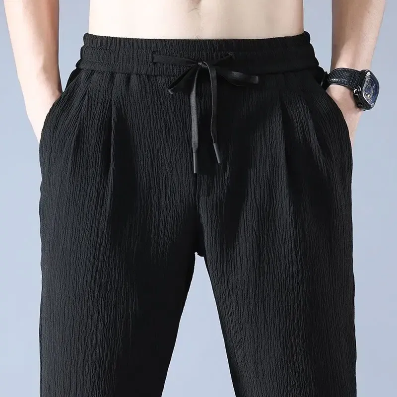 Color: black, Size: L - Summer Ice Silk Man Jogger Linen Pants Casual Wide Summer Sweatpants Male Spring Lightweight Halking Harem Trousers