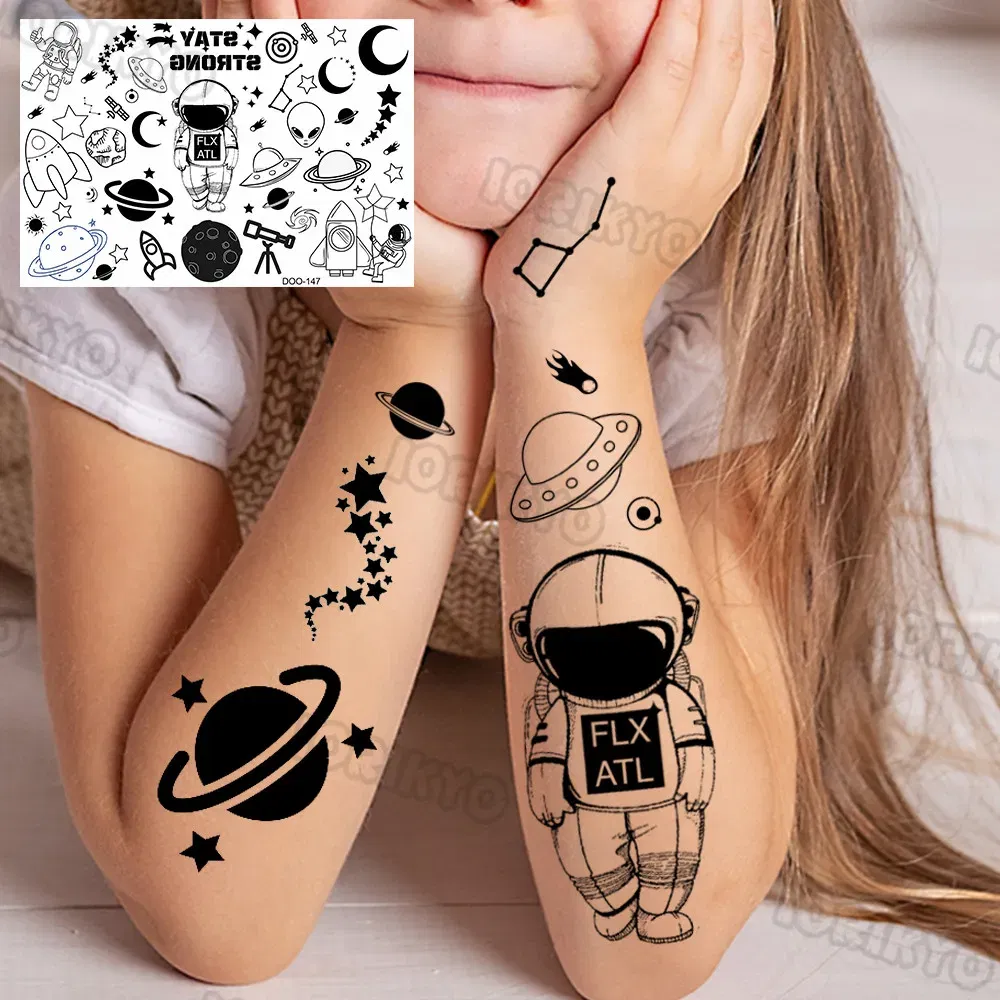 Color: black - Airplane Spaceman Temporary Tattoos For Kids Face Neck Boy Girls Adult Fake Planets Astronaut Tattoo Sticker Black Cartoon Tatoo