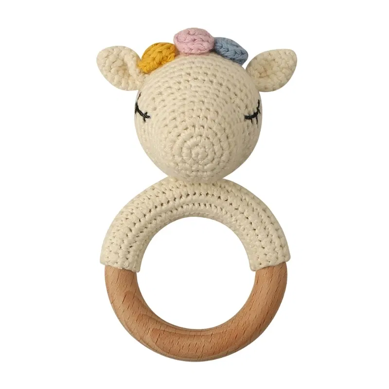 Color: GRAY - 1pc Baby Teether Safe Wooden Toys Mobile Pram Crib Ring DIY Crochet Giraffe Deer Rattle Soother Product