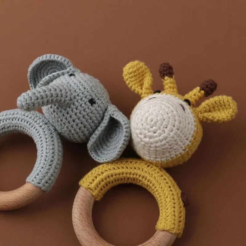 Color: GRAY - 1pc Baby Teether Safe Wooden Toys Mobile Pram Crib Ring DIY Crochet Giraffe Deer Rattle Soother Product
