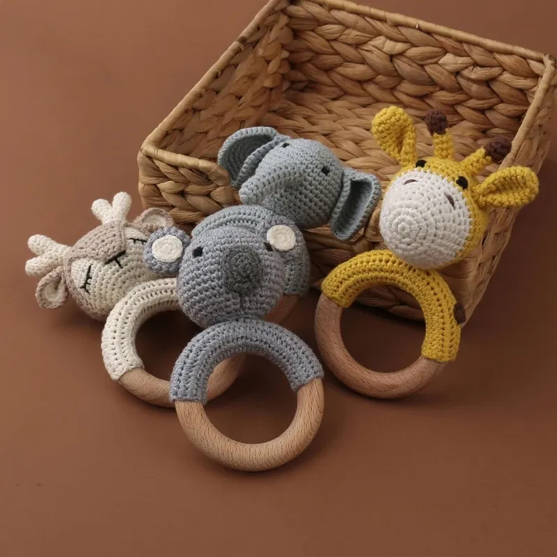 Color: GRAY - 1pc Baby Teether Safe Wooden Toys Mobile Pram Crib Ring DIY Crochet Giraffe Deer Rattle Soother Product