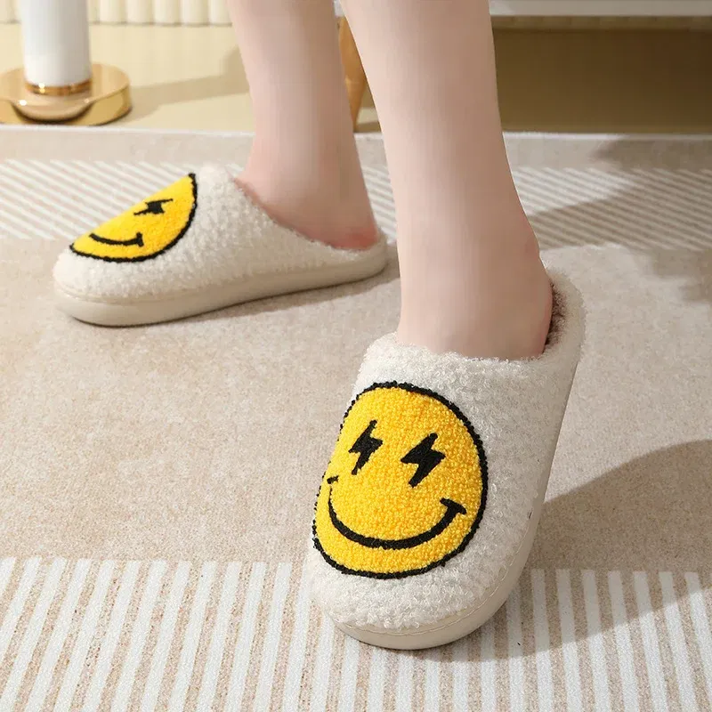 Color: WHITE, Shoe Size: 41 - Leopard Print Winter Slippers Women Lightning Smile Face Fluffy Fur Slippers Woman Indoor Anti-slip Furry Couple Cotton Slides