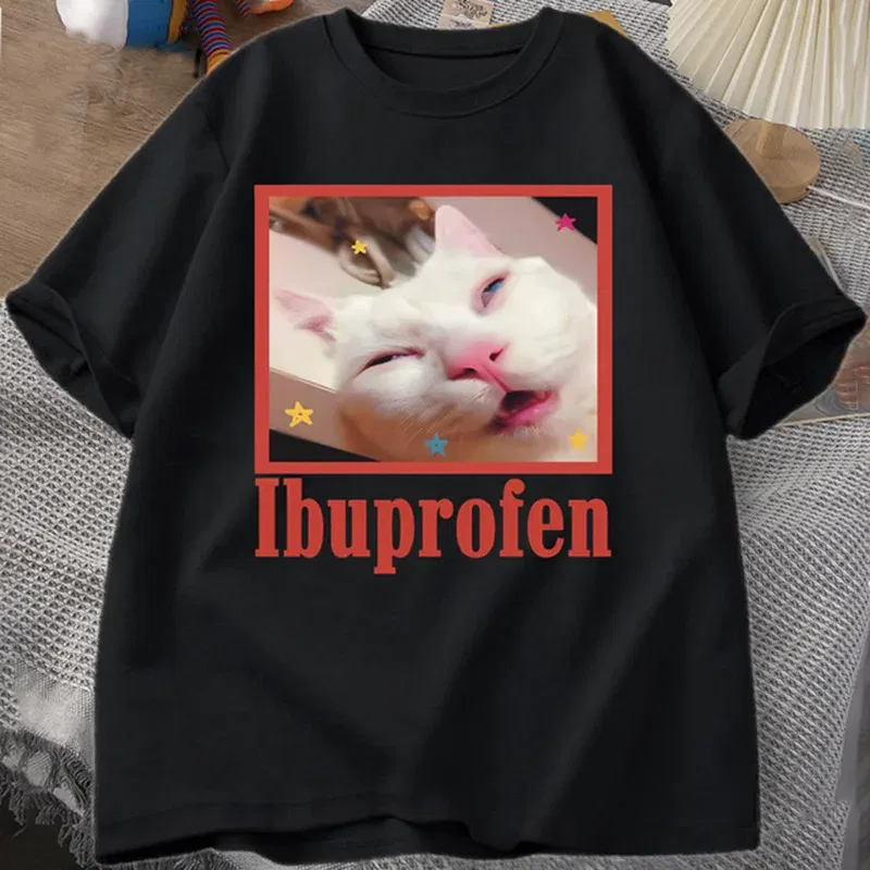 Color: Red, Size: XL - Ibuprofen Cat Meme Tshirt Funny Cat Graphic Tee Cute Cat Lover Cotton T-Shirt Casual Funny T Shirts Unisex Oversized Tshirt Tee